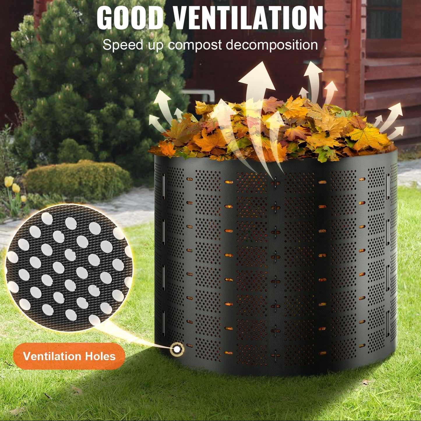 Compost bin with ventilation holes on grass,