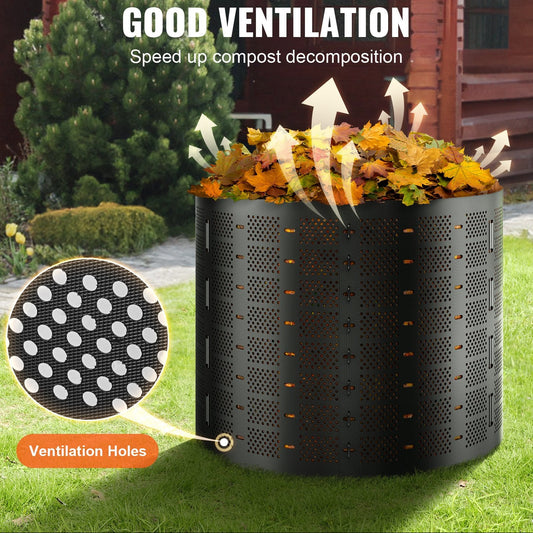 Compost bin with ventilation holes on grass,